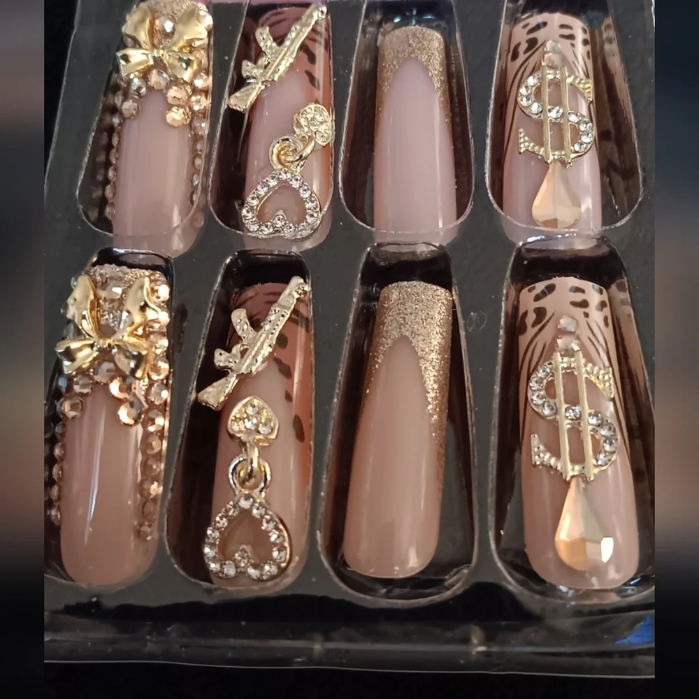 Women's Gold and Brown Animal Print Press-On Long Nails New - Picture 2 of 4